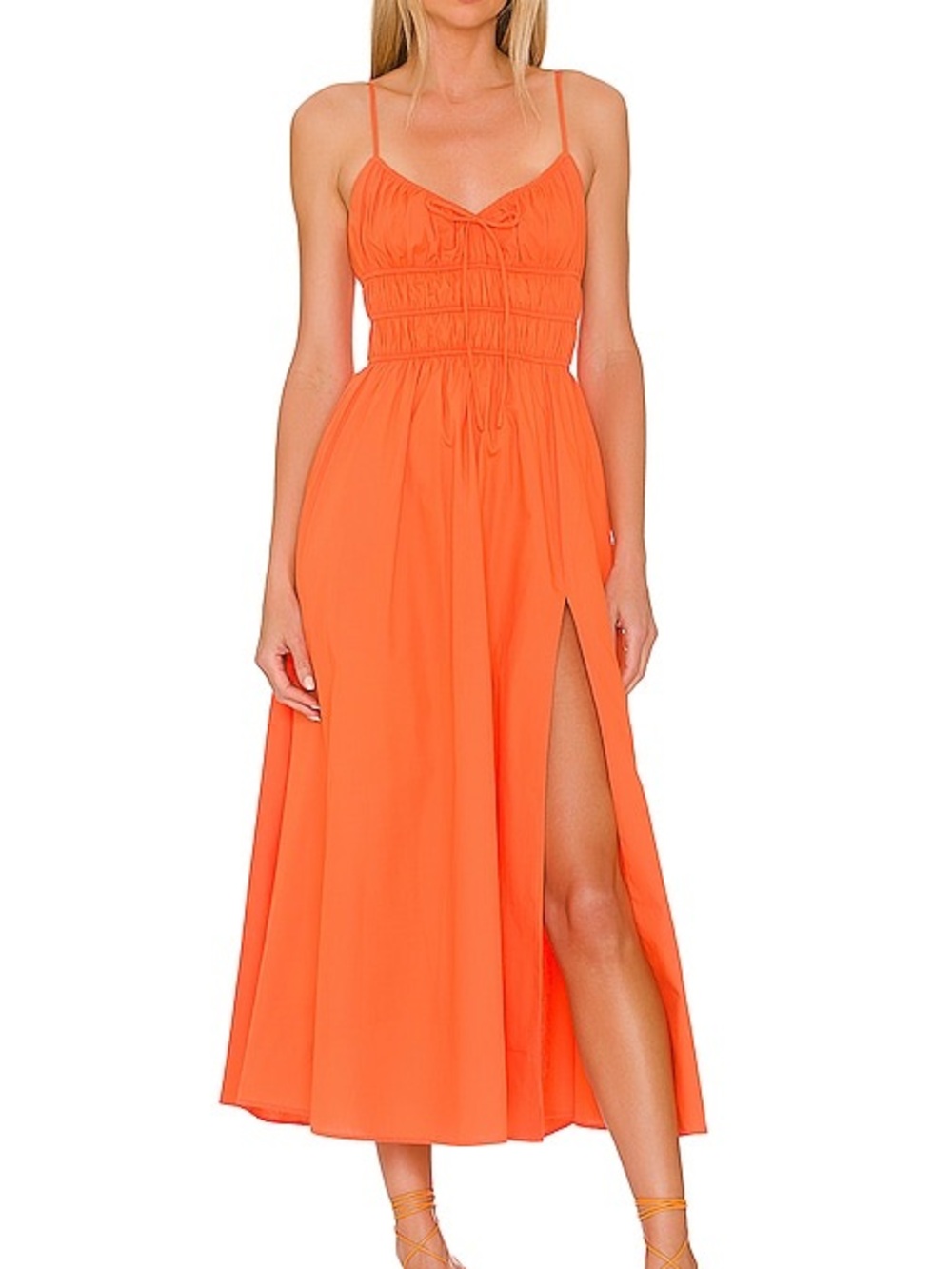 Sau Lee Beatrice Dress Women's Orange Smocked Bodice Midi Dress